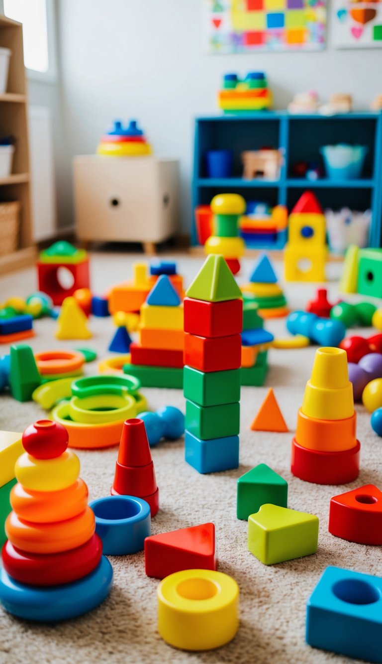 A colorful array of open-ended toys scattered across a playroom floor, including building blocks, stacking rings, and shape sorters