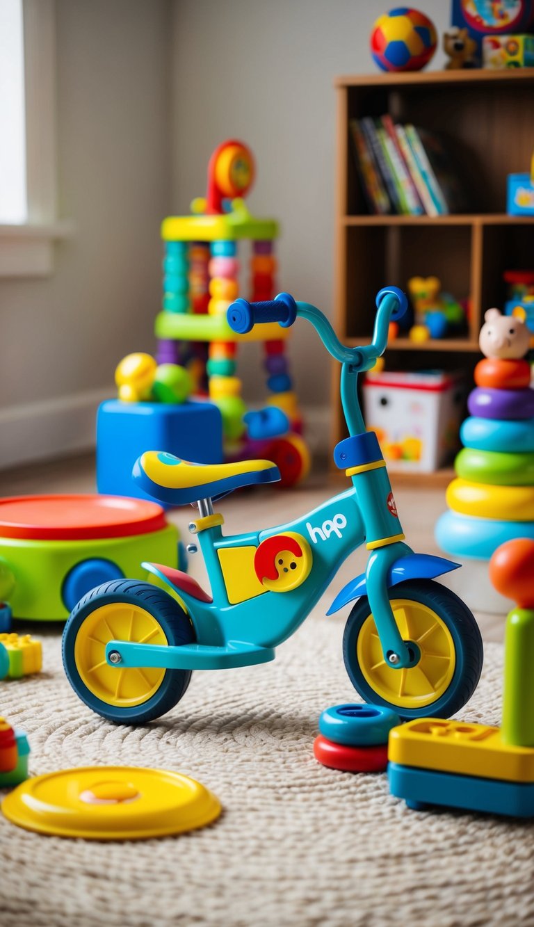 A colorful Hape Scoot Around ride-on bike surrounded by a variety of open-ended toys for 2-year-olds
