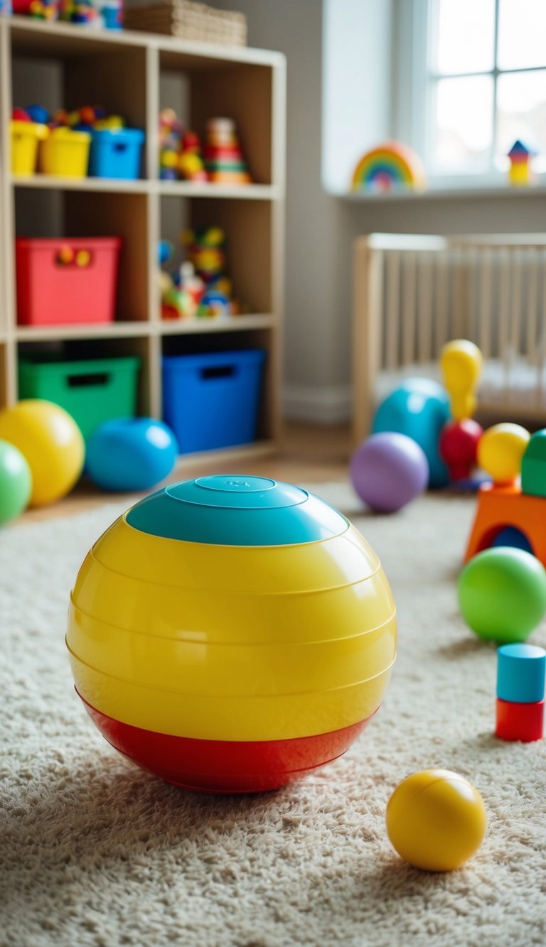 A colorful Bumpy Ball rolls through a playroom, surrounded by various open-ended toys for 2-year-olds