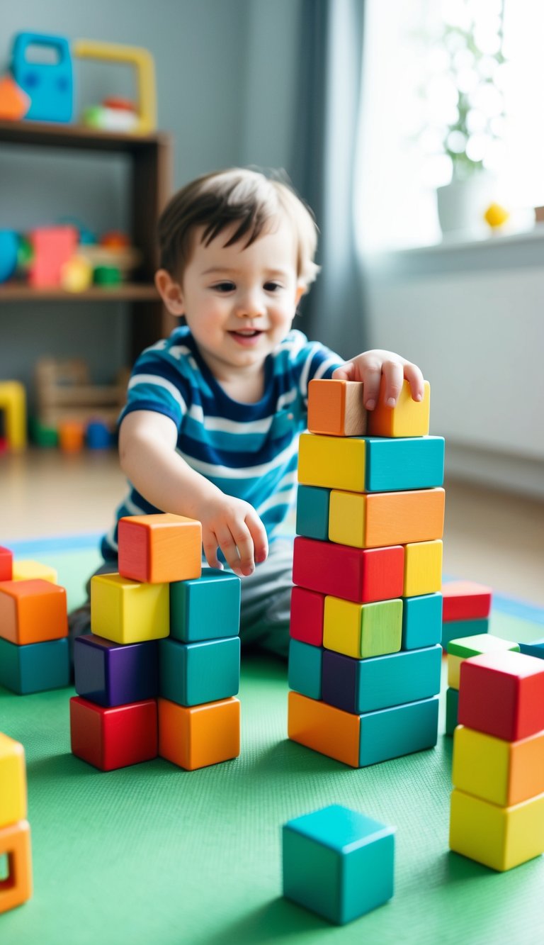 Colorful Tegu magnetic wooden blocks scattered on a play mat, with a 2-year-old child happily building and stacking different structures