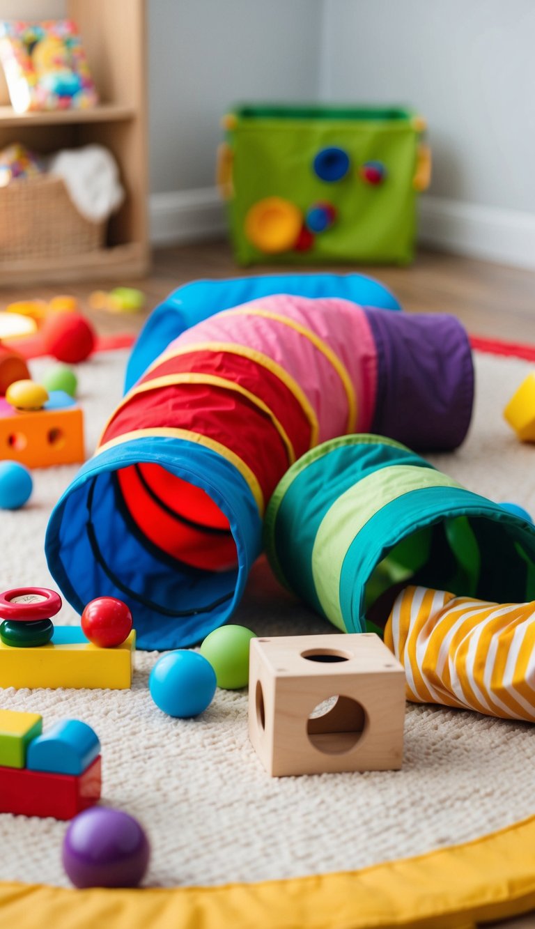 A colorful, organic cotton play tunnel surrounded by open-ended toys for 2-year-olds