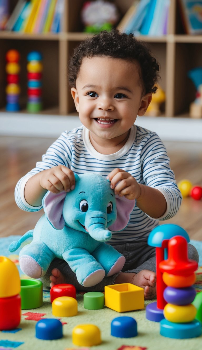 A smiling 2-year-old plays with GUND Flappy the Elephant, surrounded by colorful open-ended toys