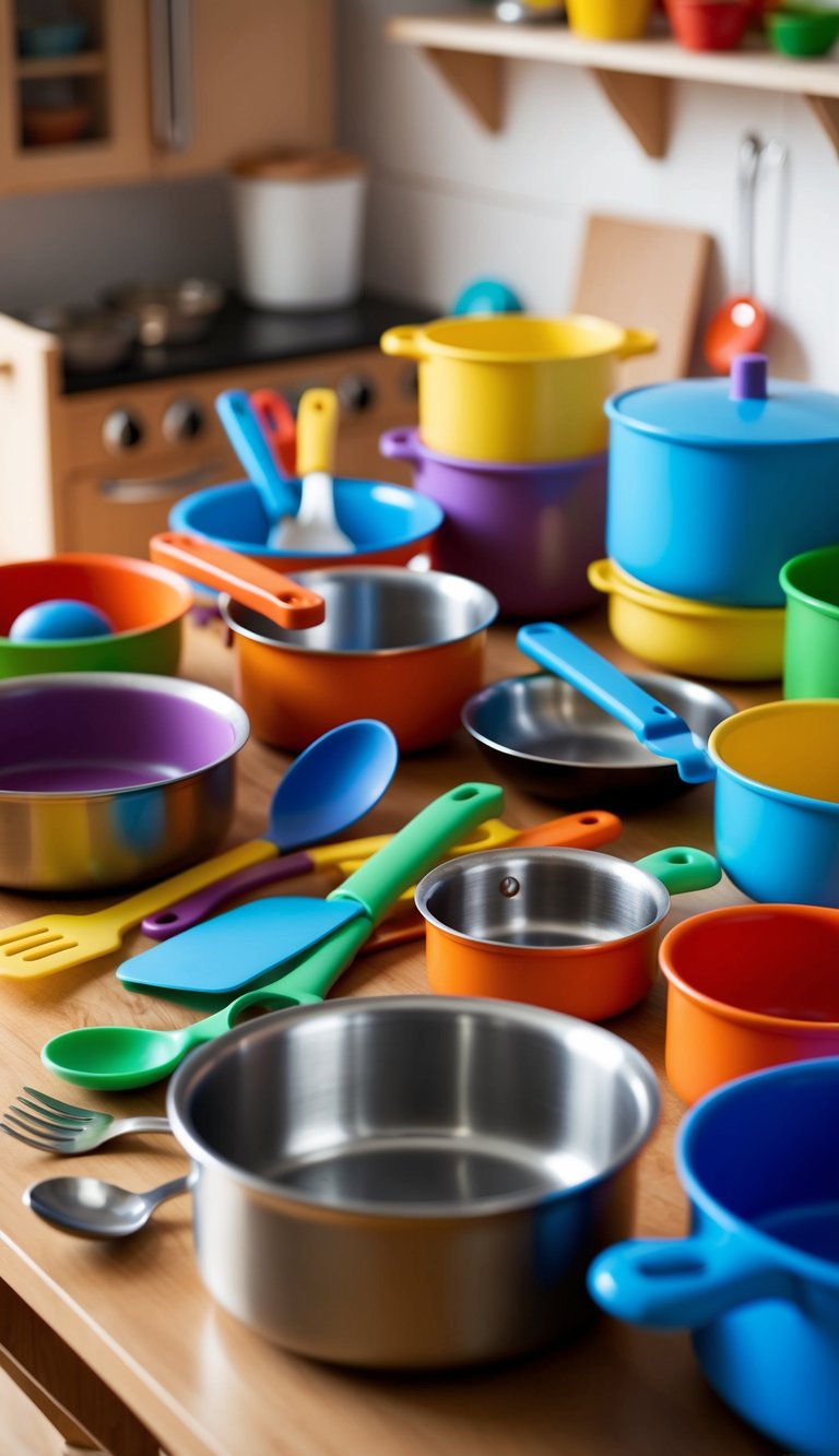 A colorful array of child-sized cooking utensils scattered on a play kitchen counter, including pots, pans, spatulas, and spoons