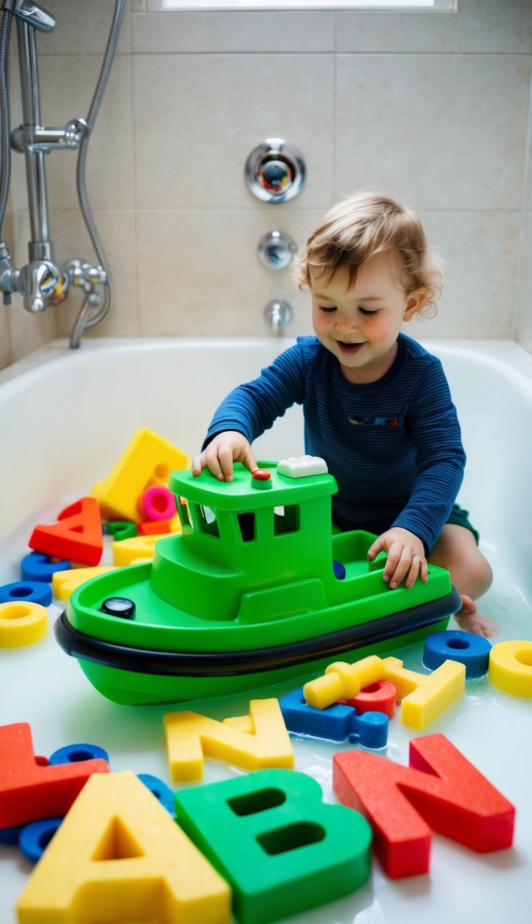 A bright green tugboat floats in a bathtub, surrounded by colorful foam letters and toys. A 2-year-old child plays happily with the open-ended toy