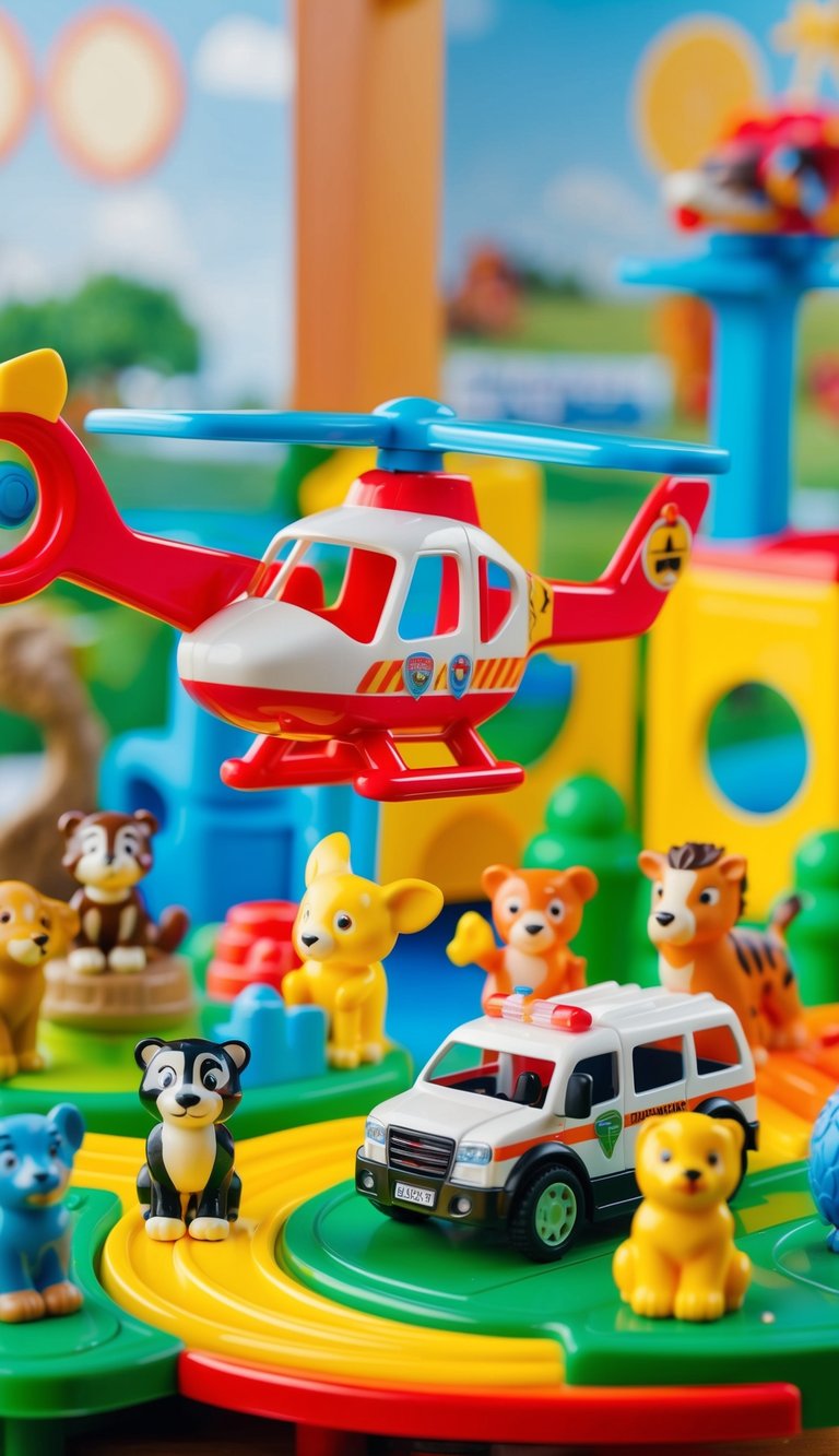 A colorful playset with animal figures, a rescue helicopter, and a safari truck in a vibrant, child-friendly environment