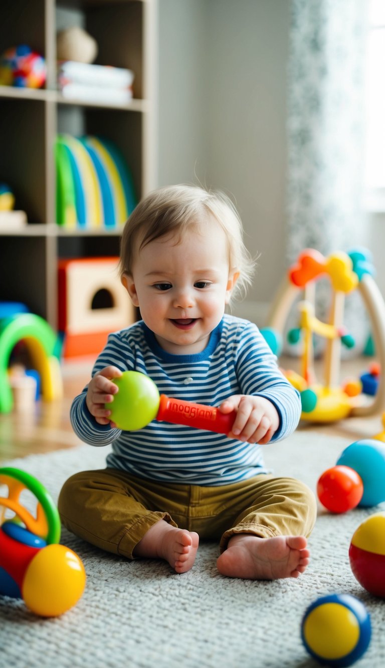 A 2-year-old child playing with a NogginStik rattle, surrounded by various open-ended toys