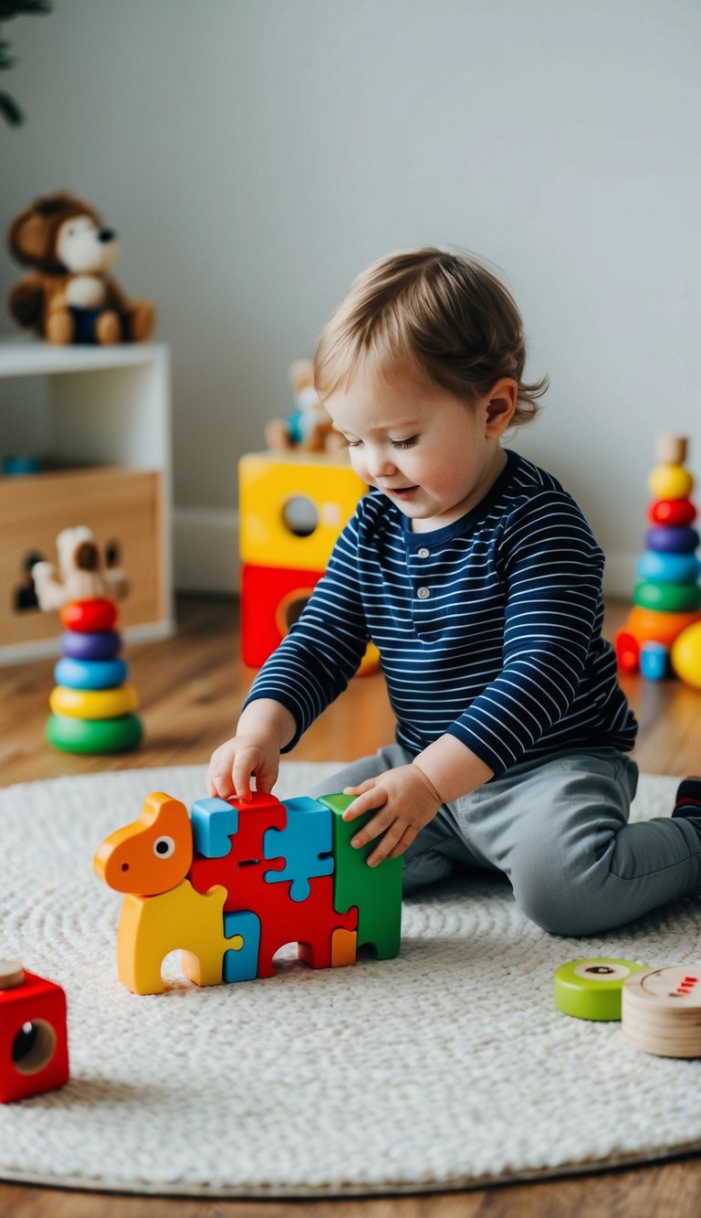 A 2-year-old plays with a Janod Chunky Animal Puzzle, surrounded by other open-ended toys