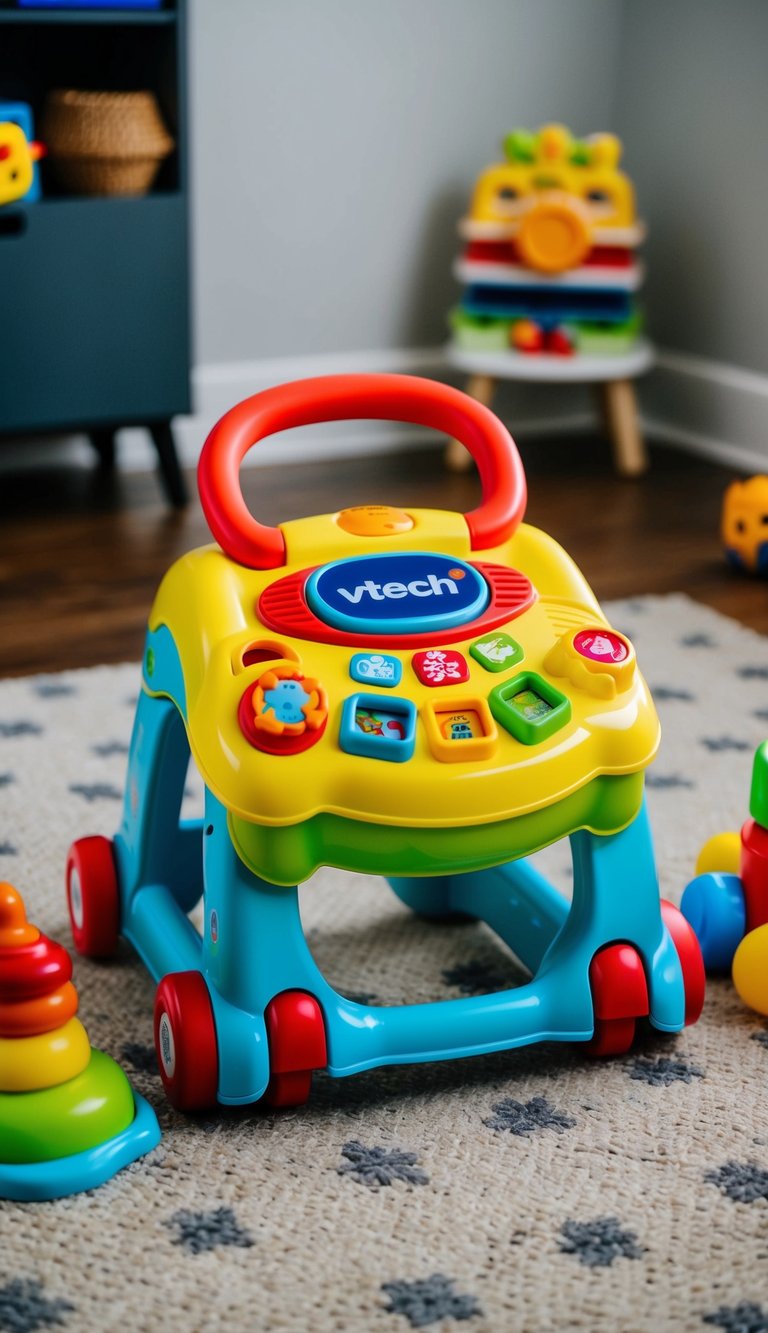 A colorful VTech Sit-to-Stand Learning Walker surrounded by open-ended toys for 2-year-olds