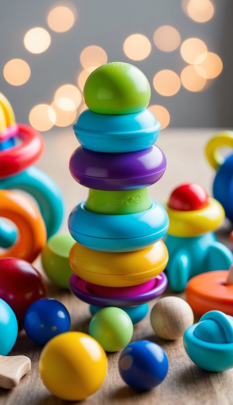 A colorful Skwish rattle and teether toy surrounded by various open-ended toys for 2-year-olds