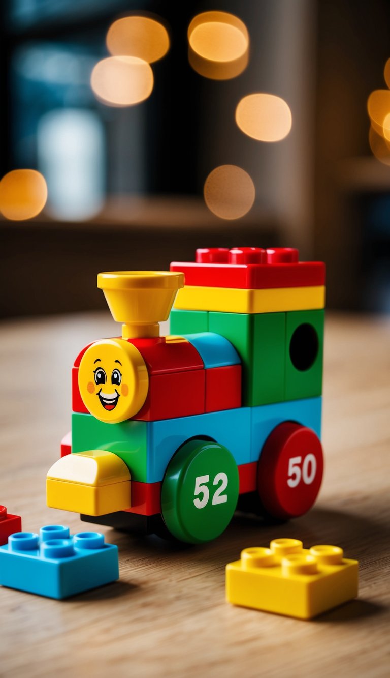A colorful Lego Duplo train with numbered blocks, designed for 2-year-olds