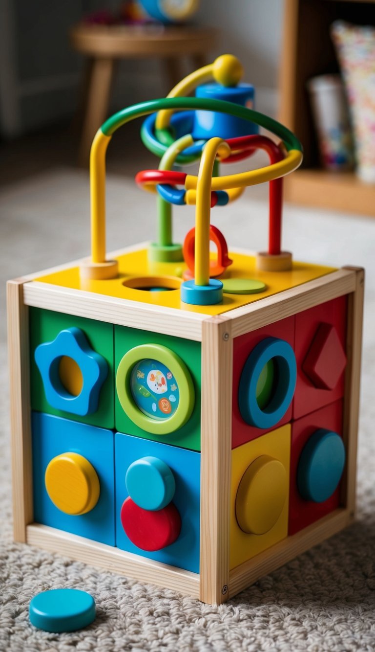A colorful wooden activity cube with various interactive elements for 2-year-olds to play with