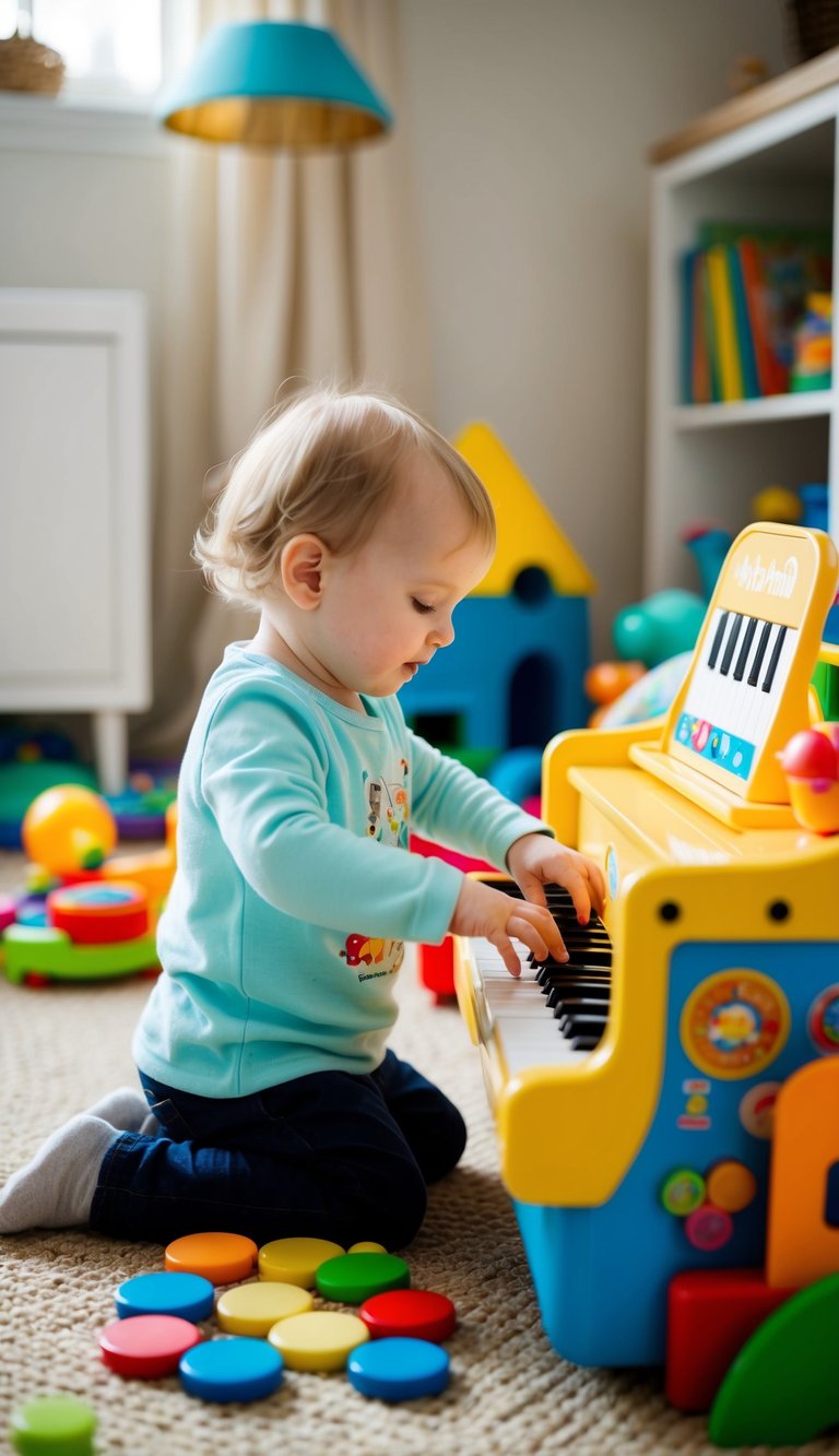 A 2-year-old plays with the Baby Einstein Magic Touch Piano, surrounded by open-ended toys in a cozy playroom