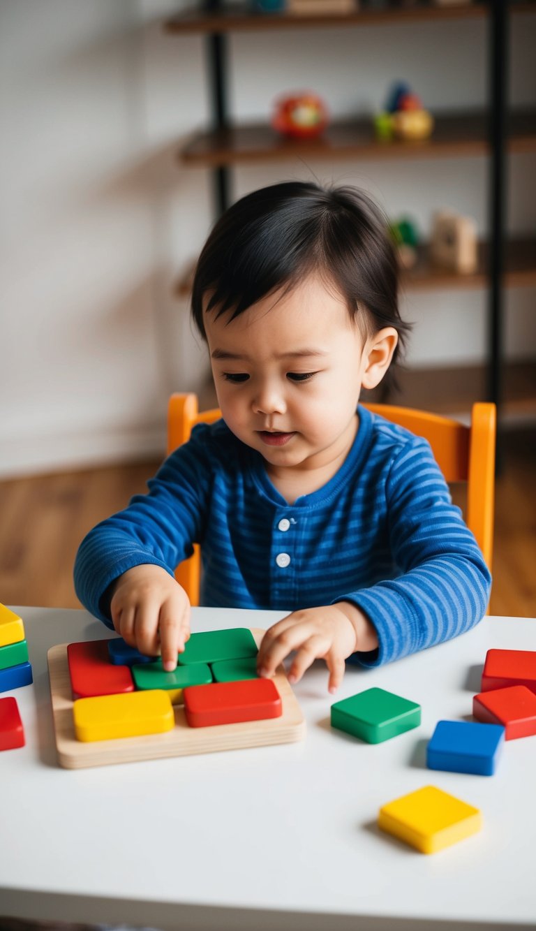 A 2-year-old playing with colorful wooden magnetic puzzle pieces on a table