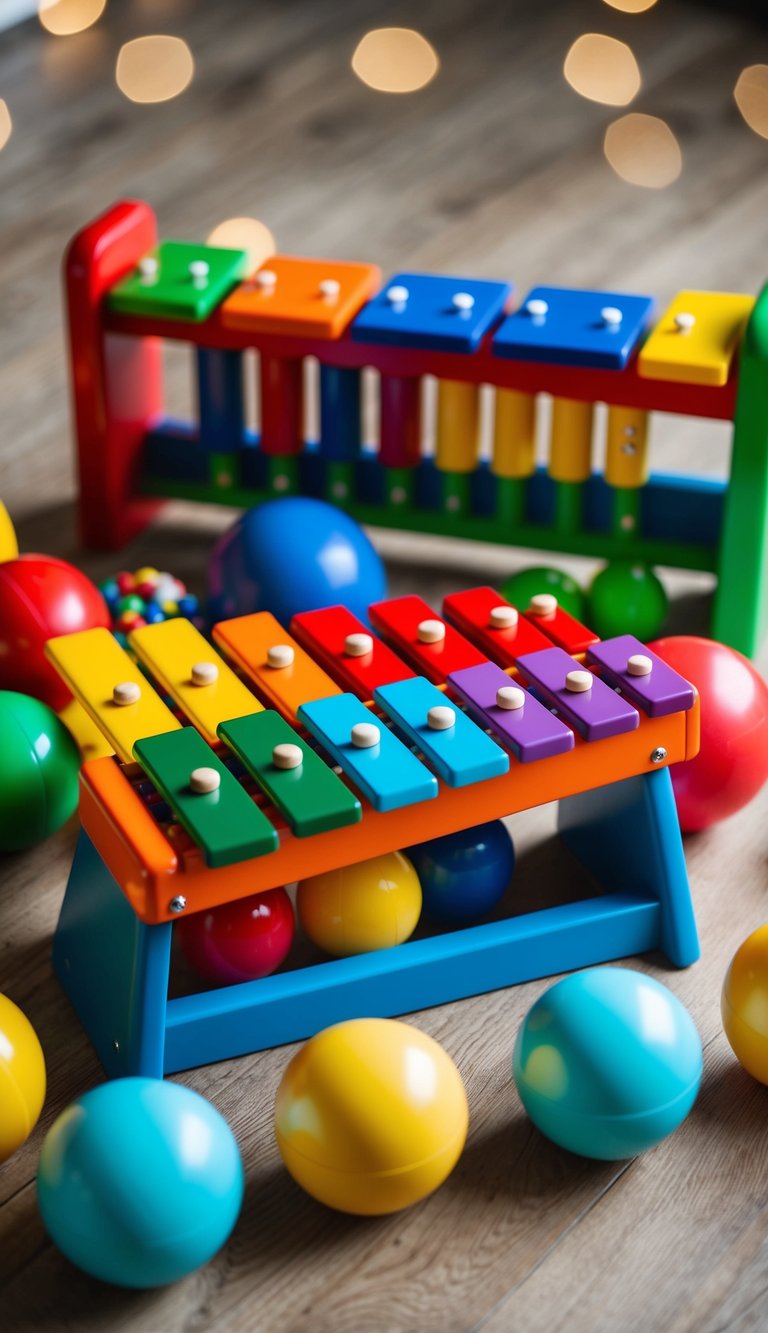 A colorful pound and tap bench with balls and a xylophone, surrounded by toys for 2 year olds