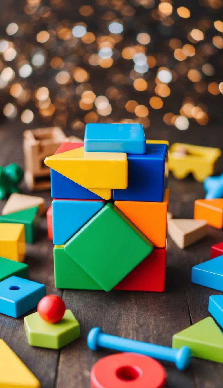 A colorful shape sorting cube surrounded by various open-ended toys for 2-year-olds