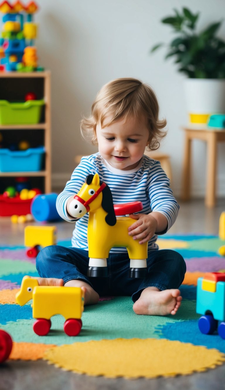 A 2-year-old playing with Myland Horse 71 toy in a colorful, open-ended environment with other toys scattered around