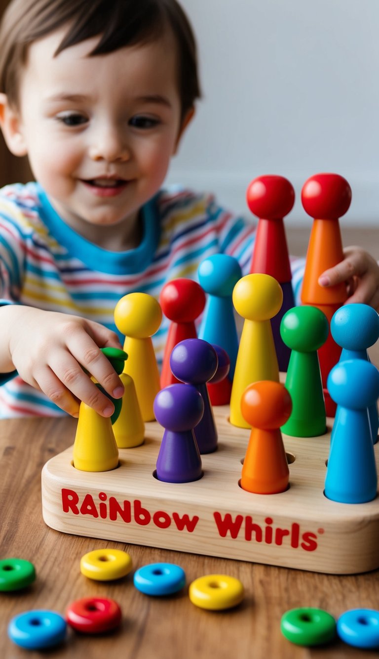 A 2-year-old playing with the Haba Rainbow Whirls Pegging Game, arranging colorful pegs on a wooden base, creating a vibrant and engaging scene