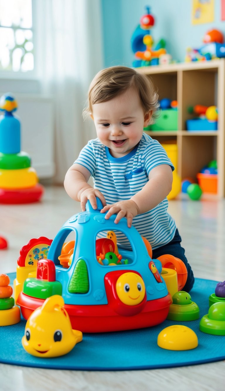 A toddler playing with the Deep Sea Adventure activity center, surrounded by open-ended toys in a bright, cheerful playroom