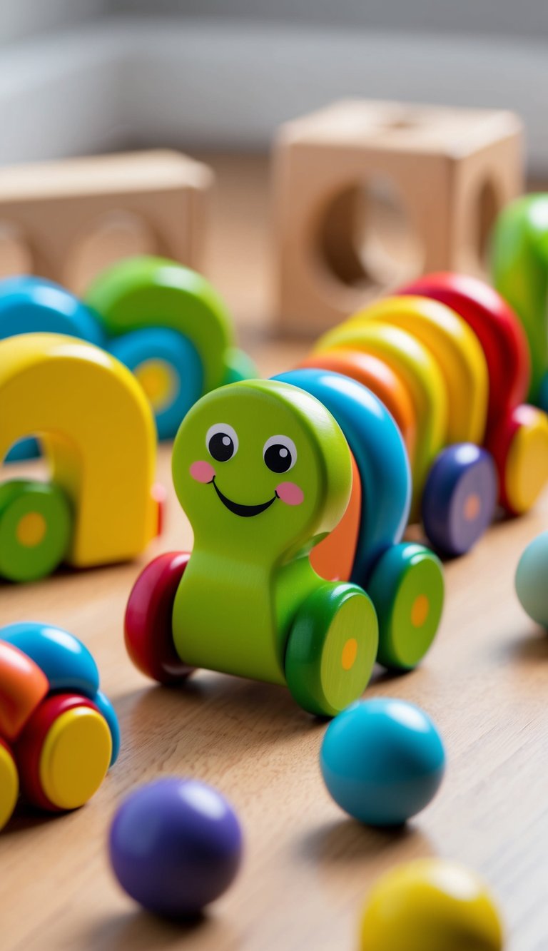 A colorful pull-along snail toy with a smiling face, made of wood and non-toxic paint, surrounded by other open-ended toys for 2-year-olds