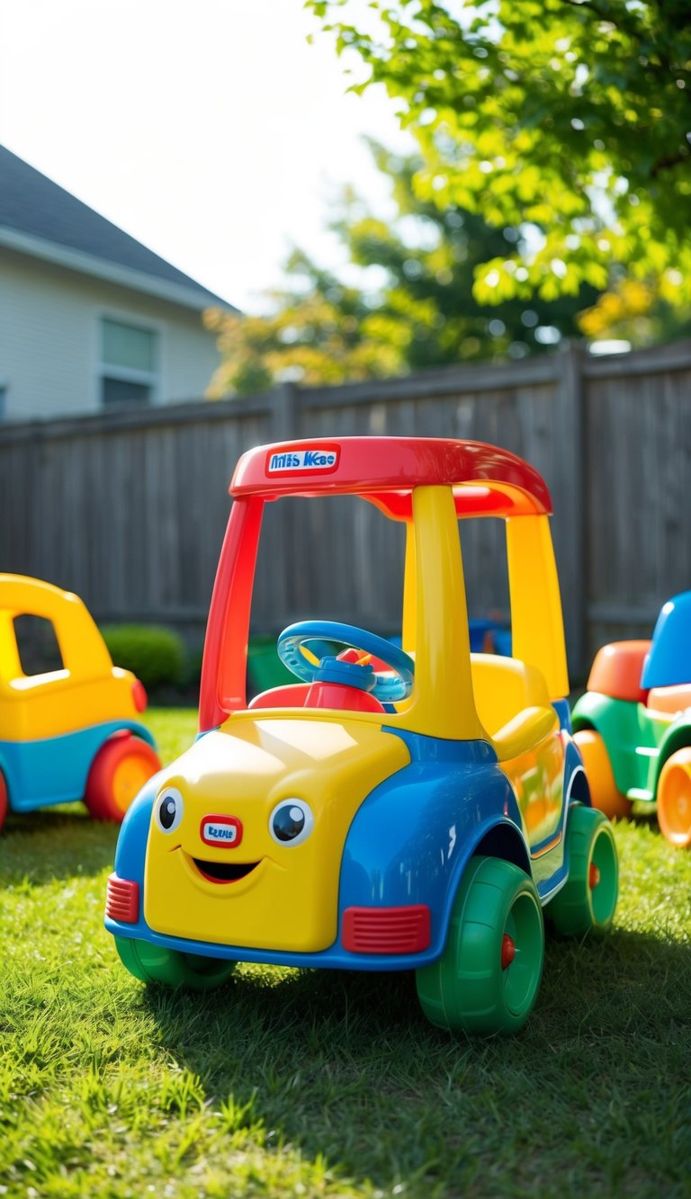 A colorful Little Tikes Cozy Coupe sits in a sunny backyard, surrounded by other open-ended toys