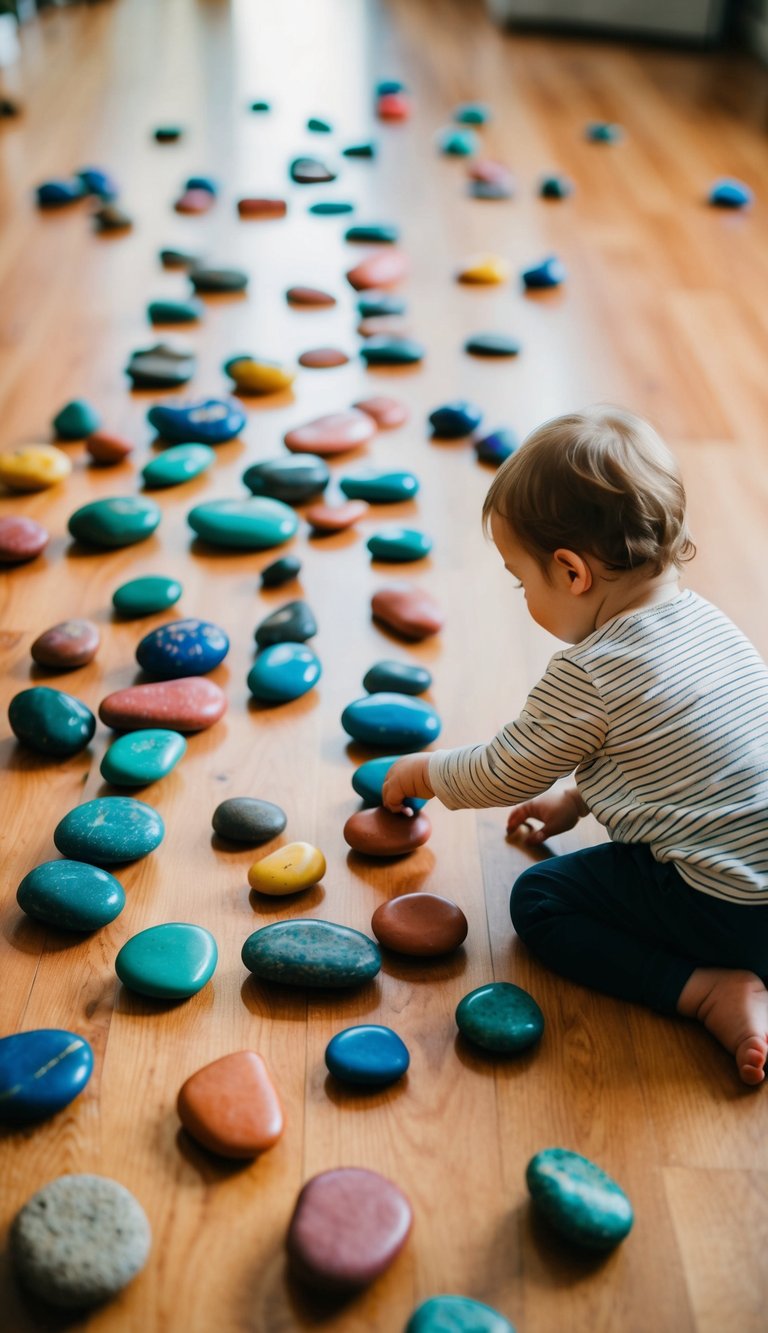 Colorful riverstones scattered on the floor, with a 2-year-old child playing and arranging them in various patterns