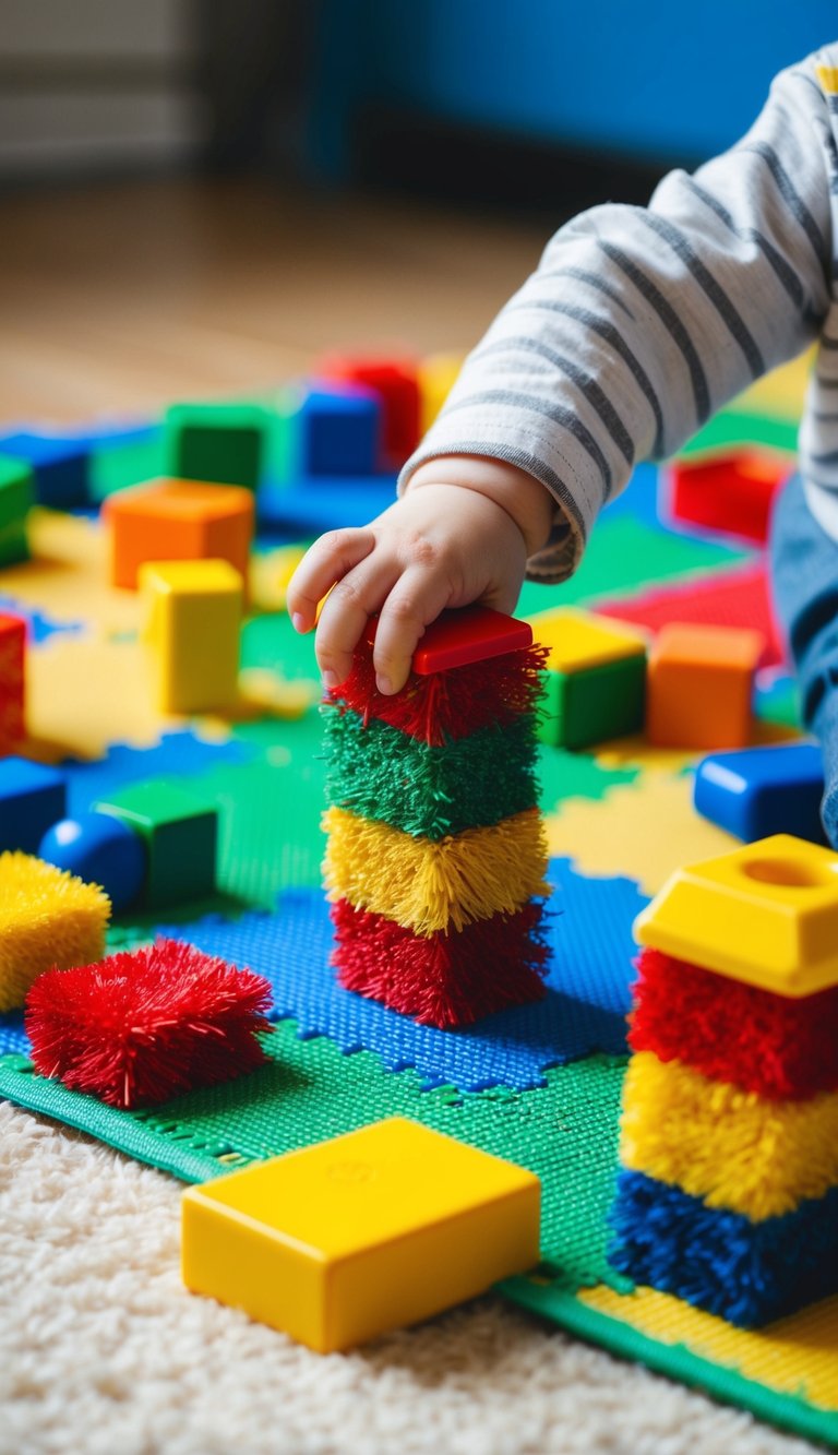 Colorful Bristle Blocks scattered on a play mat, with a 2-year-old's hand reaching for one block
