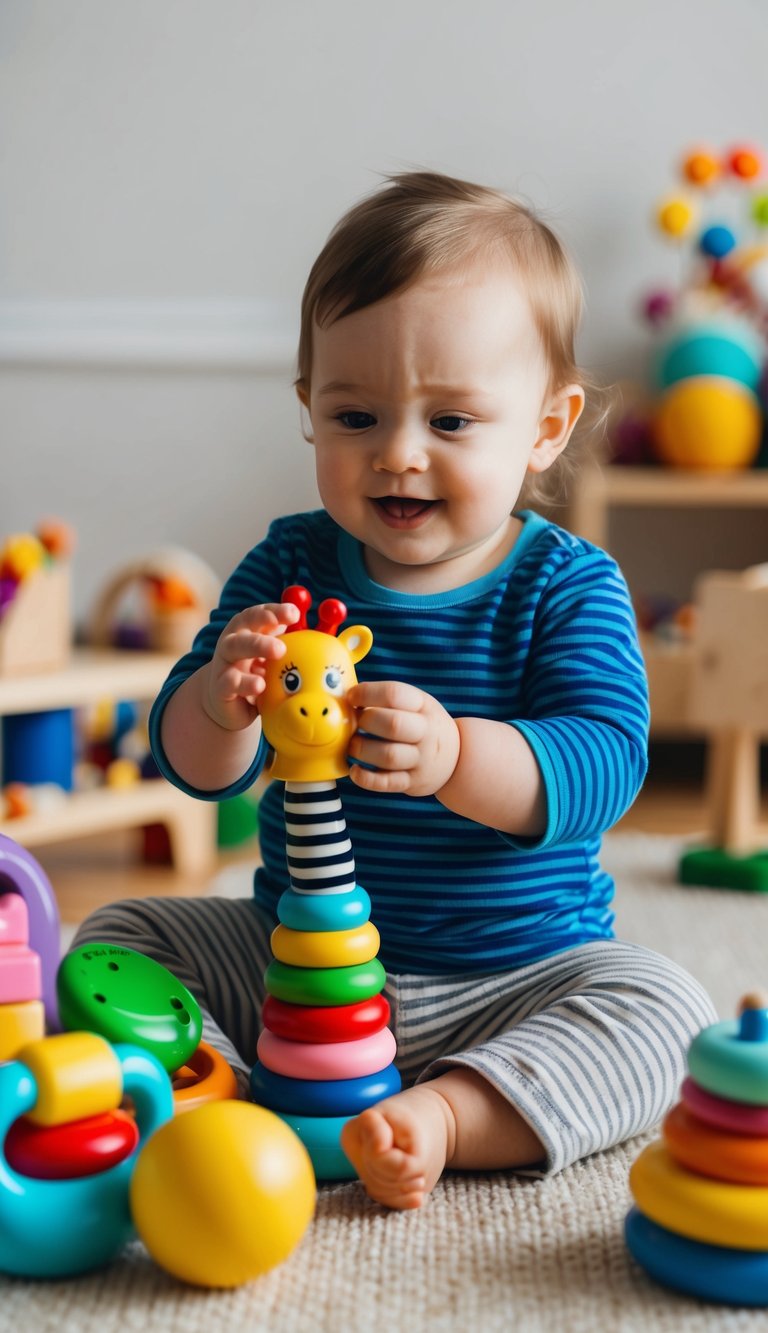 A 2-year-old playing with Sophie la Girafe teething toy amidst a collection of open-ended toys