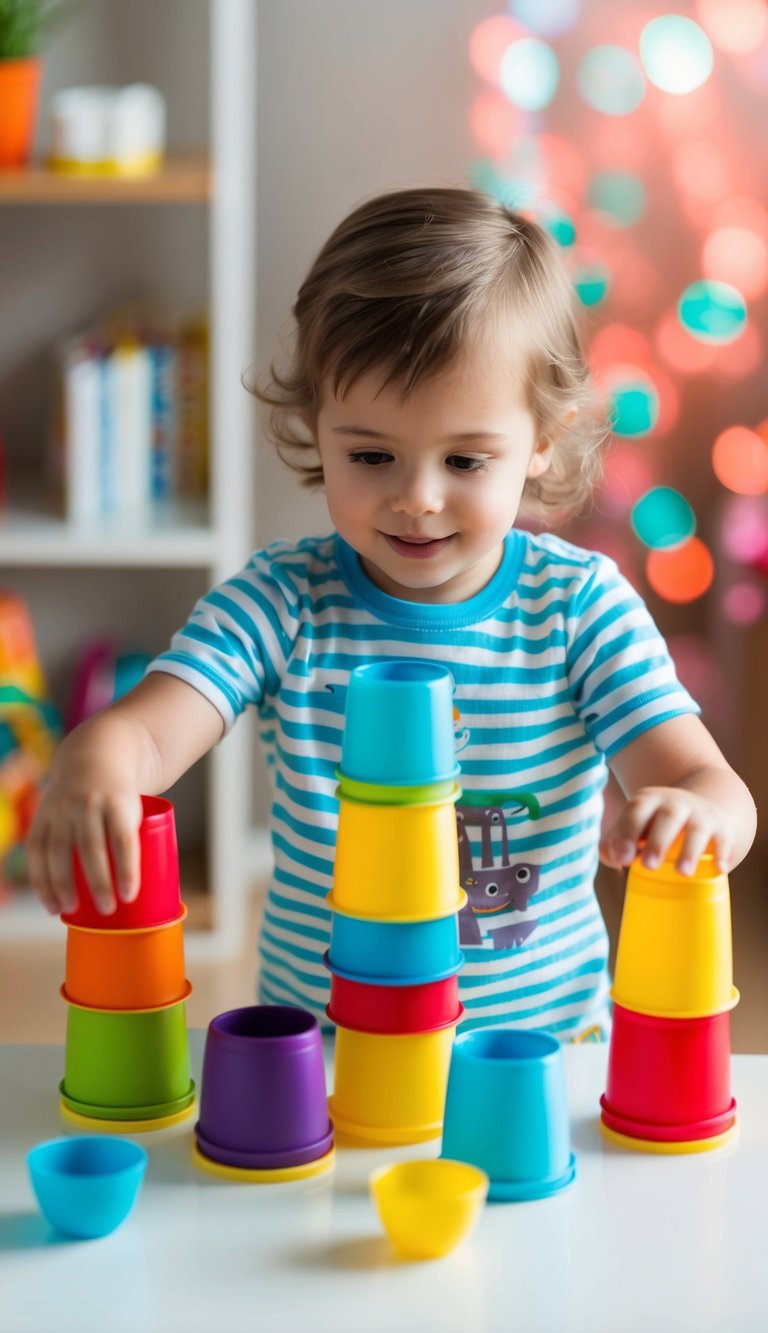 A 2-year-old playing with colorful stacking cups, arranging and stacking them in various ways