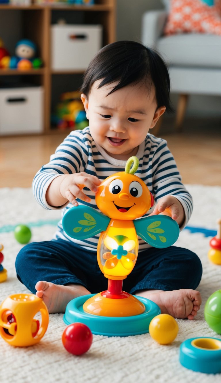 A 2-year-old playing with Lamaze Freddie The Firefly toy, surrounded by open-ended toys