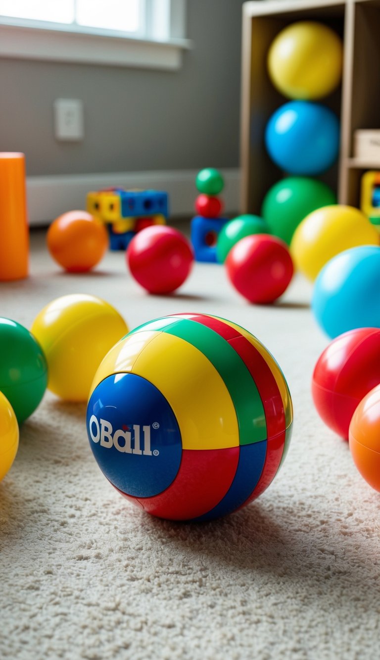 A colorful Oball Classic Ball rolls across a playroom floor, surrounded by other open-ended toys for 2-year-olds