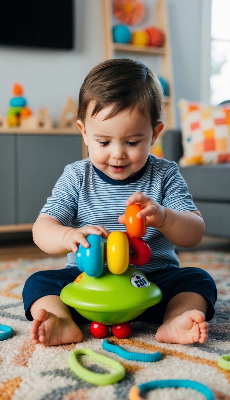 A 2-year-old plays with the Fat Brain Toys Dimpl Baby Toy, exploring its open-ended features and vibrant colors
