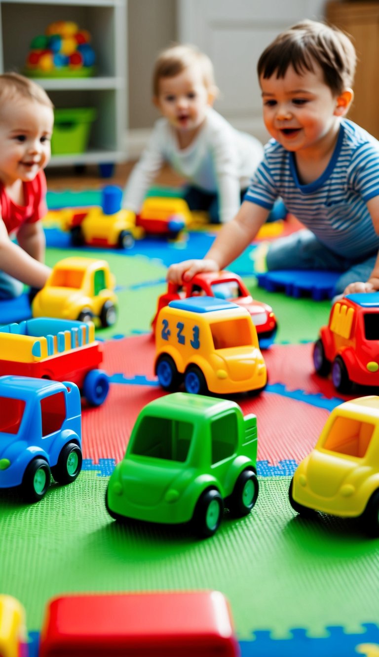 Colorful pull-back vehicles zoom across a play mat, surrounded by happy 2-year-olds