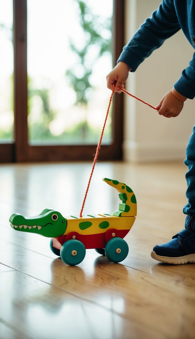 A colorful wooden crocodile toy being pulled by a string by a child, with its tail wiggling and wheels rolling along the floor