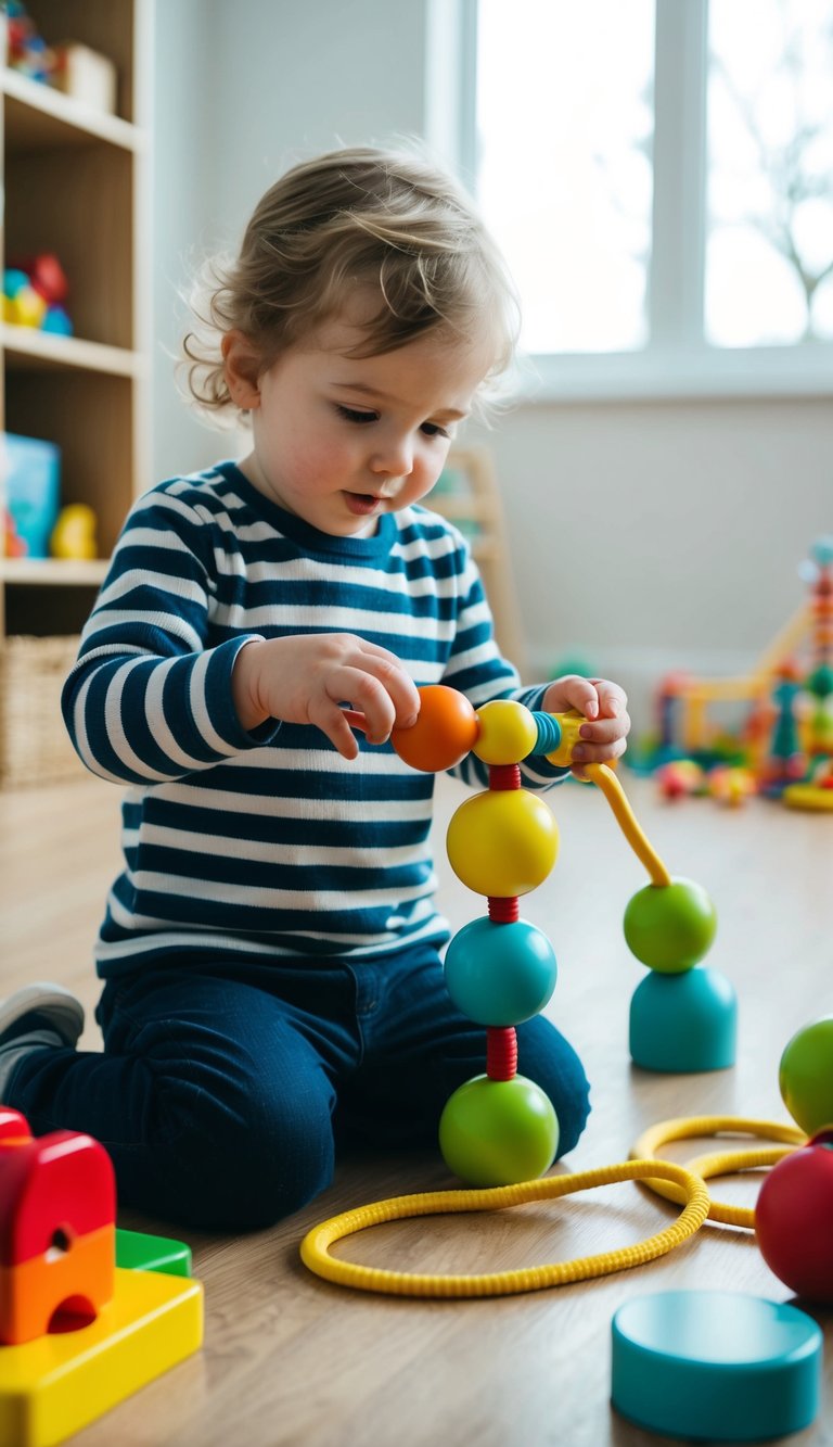 A 2-year-old playing with the Janod Pure Looping Toy, surrounded by other open-ended toys