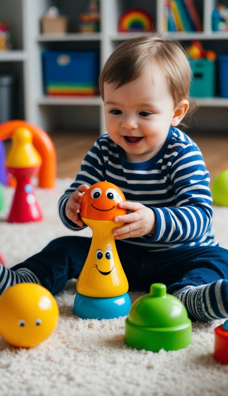 A 2-year-old playing with the SmartNoggin Nogginstik toy, surrounded by other open-ended toys