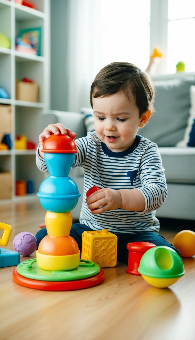 A 2-year-old playing with the Hape Shake It Up Duo 71 open-ended toys, exploring shapes, colors, and textures