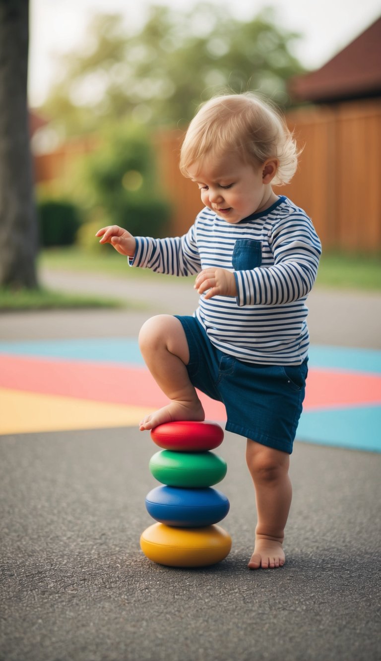 A 2-year-old stepping on colorful, wobbly balance stones by JumpOff Jo