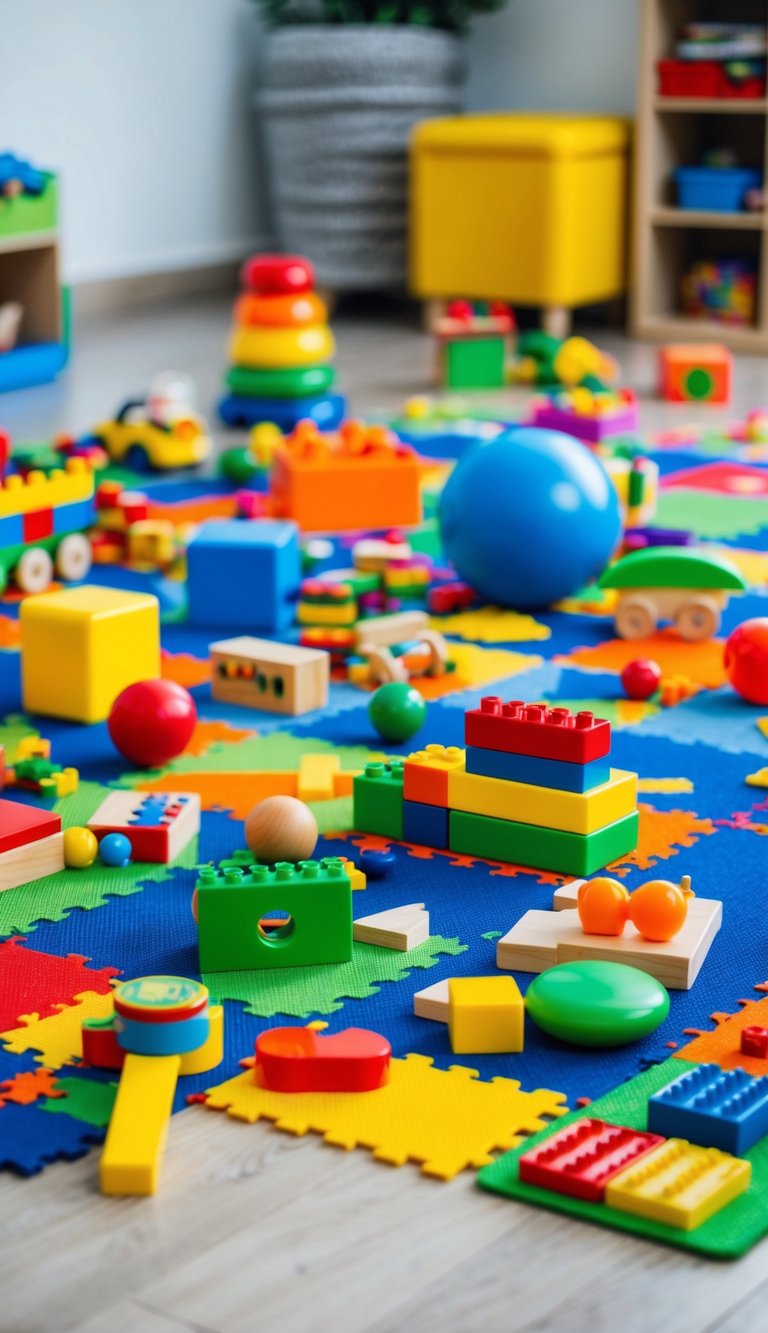 A colorful array of open-ended toys scattered across a playroom floor, including blocks, puzzles, and sensory objects, ready for a 2-year-old to explore