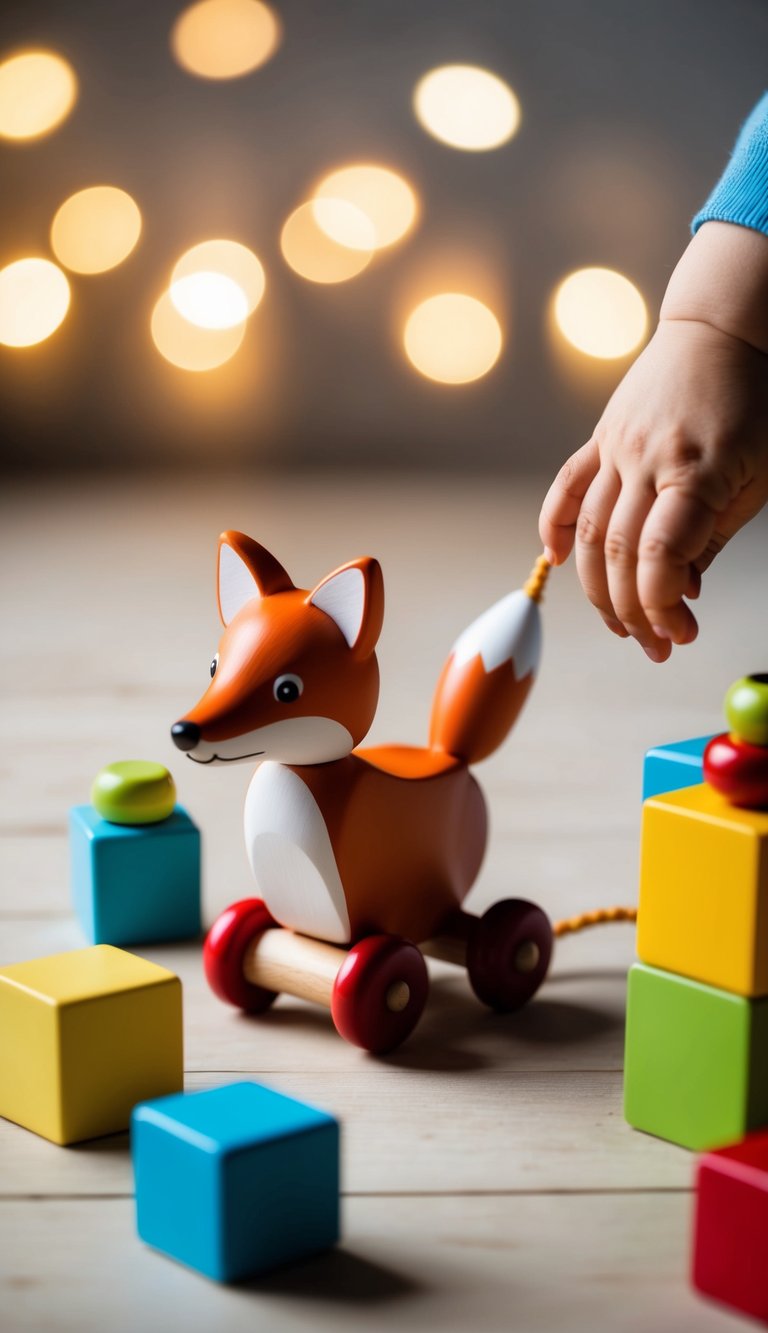 A wooden fox pull-along toy surrounded by colorful blocks and a child's hand reaching out to play