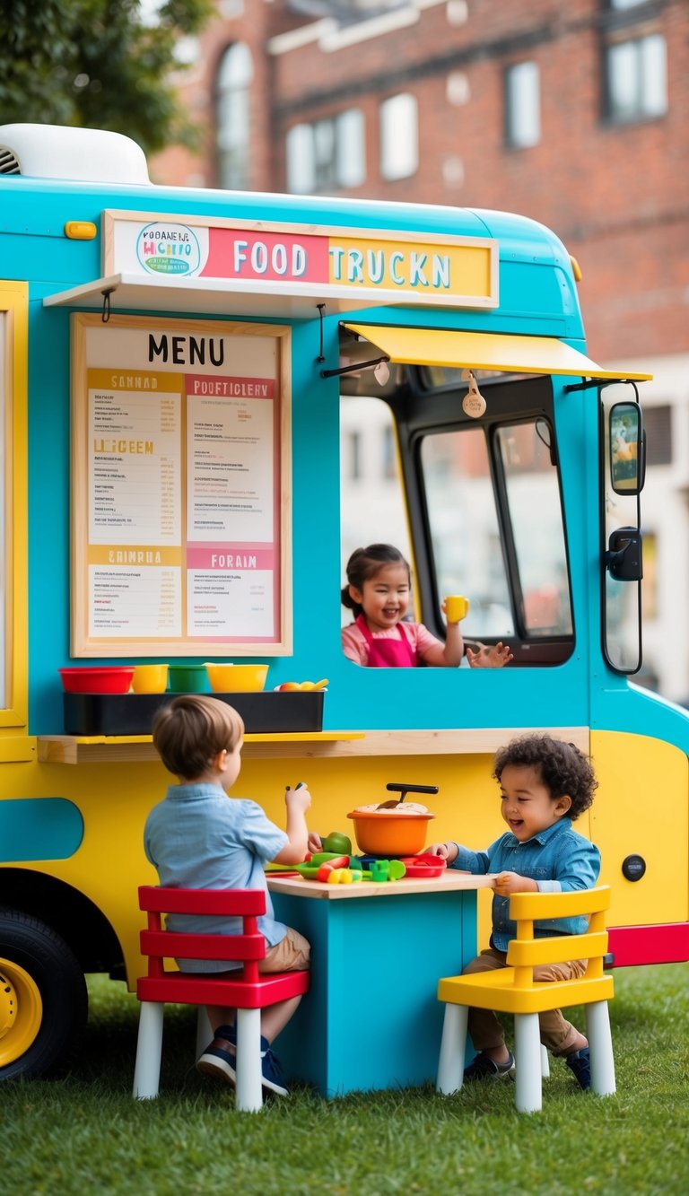 A colorful food truck with a serving window, menu board, and play kitchen inside, surrounded by happy children playing with toy food and utensils