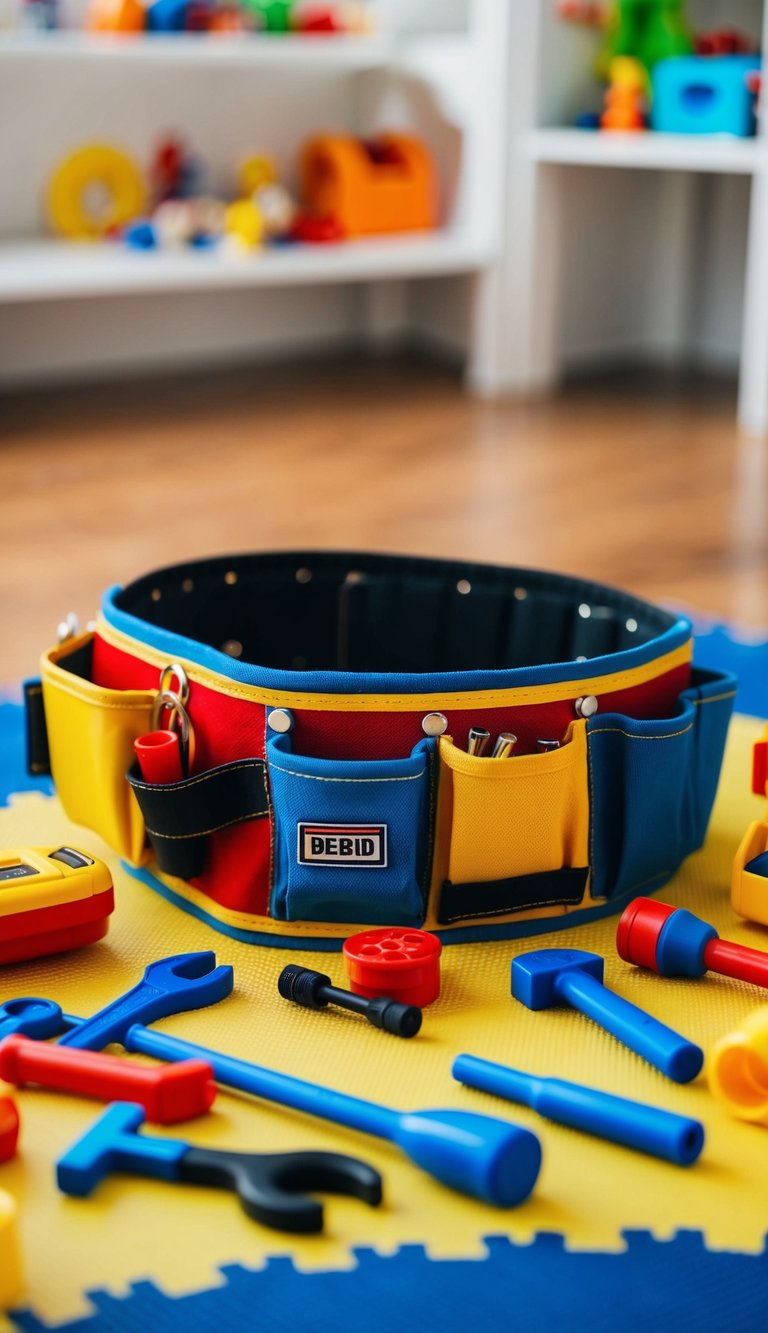 A colorful tool belt with various toy tools scattered around on a play mat