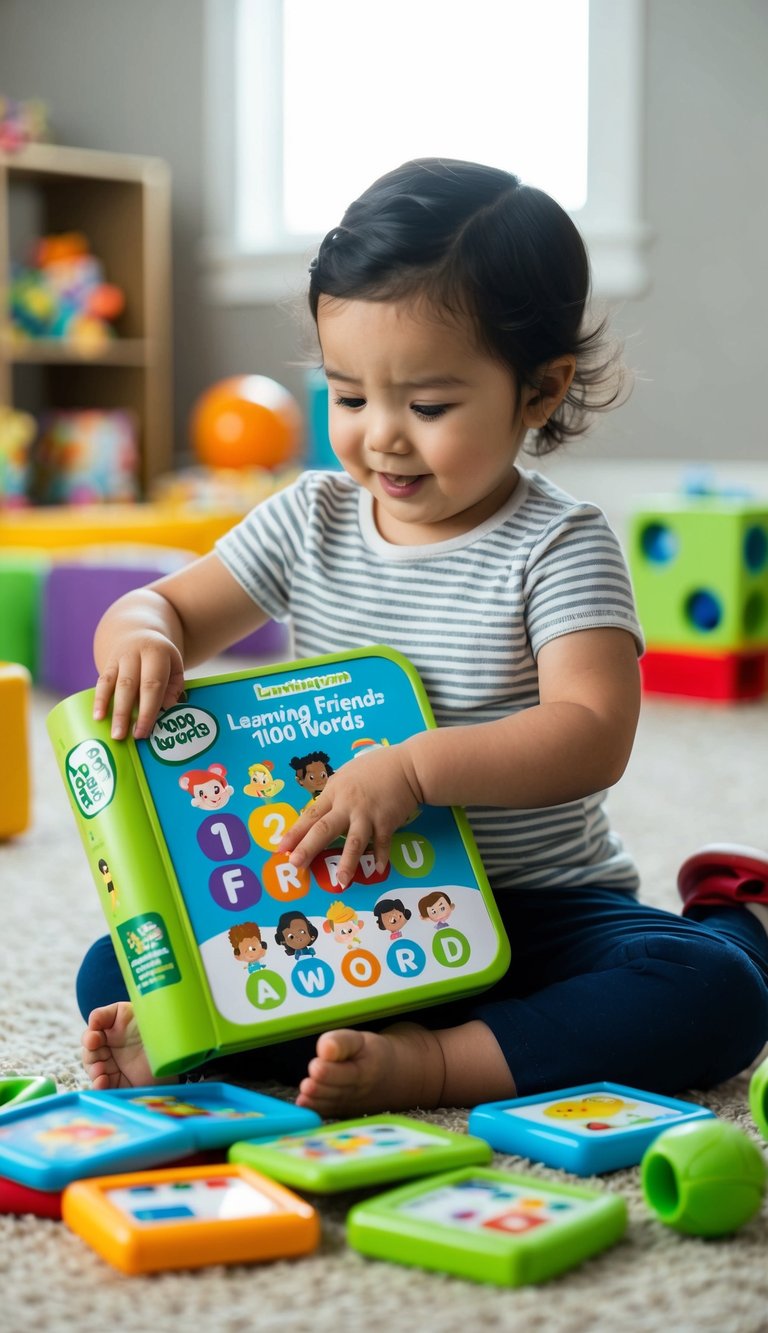 A 2-year-old plays with the LeapFrog Learning Friends 100 Words Book, surrounded by open-ended toys