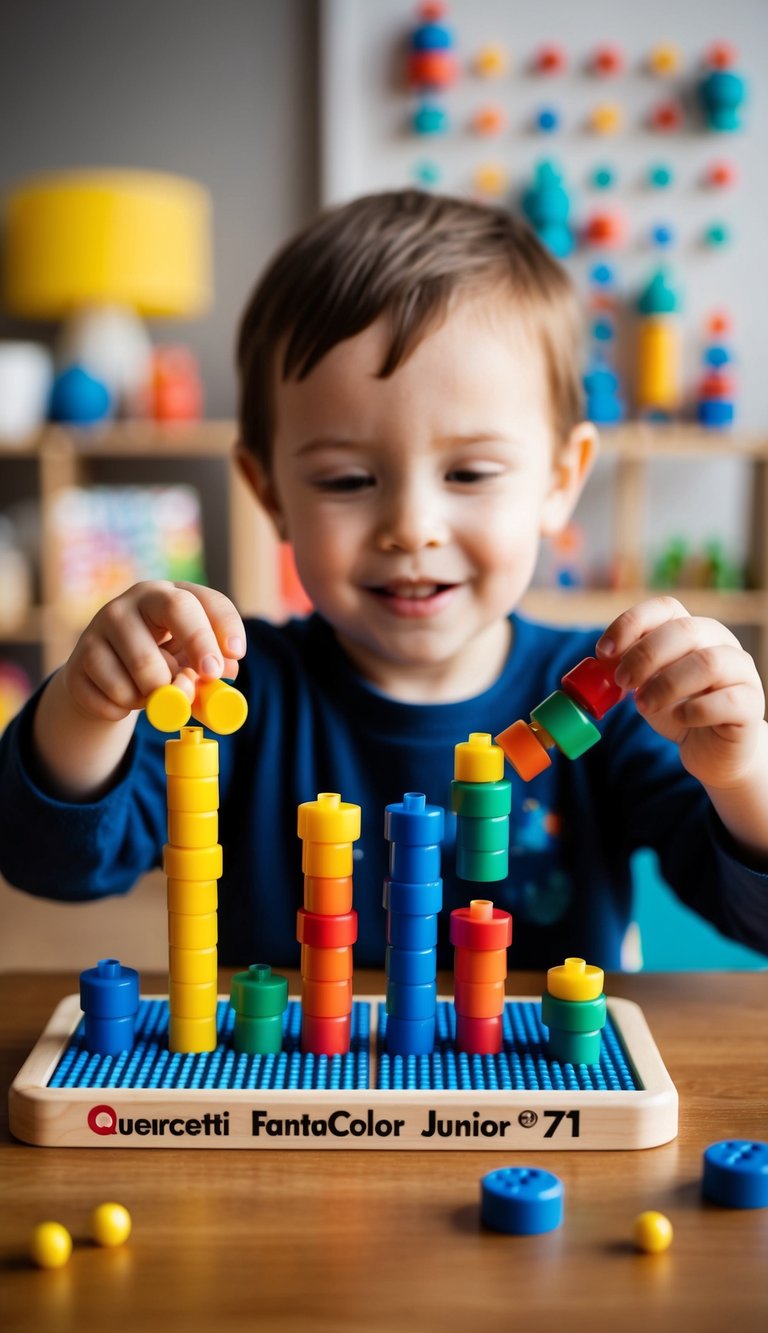 A 2-year-old child playing with the Quercetti Fantacolor Junior 71 set, arranging and stacking the colorful pegs into the pegboard to create various patterns and designs