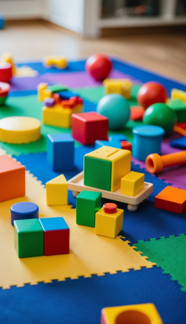 A colorful array of open-ended toys scattered on a play mat, including blocks, shapes, and other interactive pieces for 2-year-olds