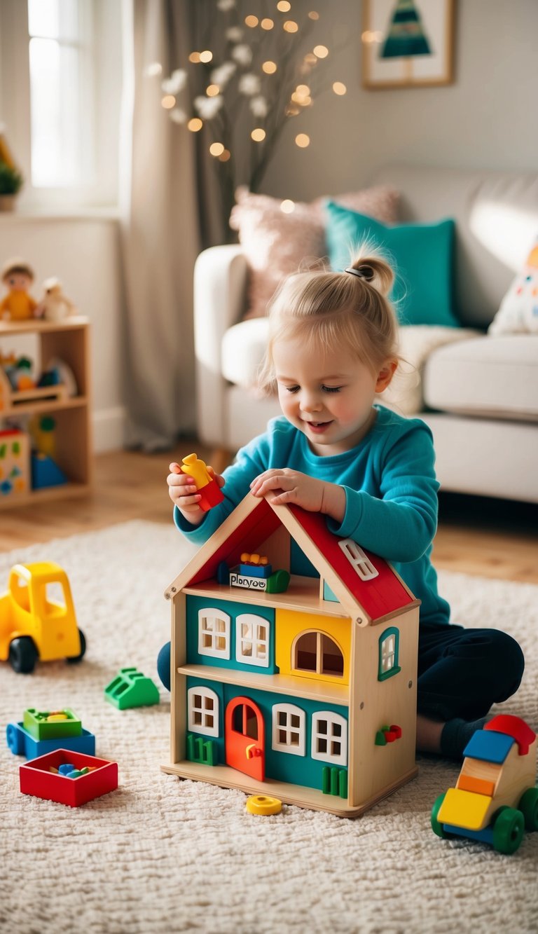 A 2-year-old plays with the PlanToys Chalet Dollhouse, surrounded by open-ended toys in a cozy, sunlit room