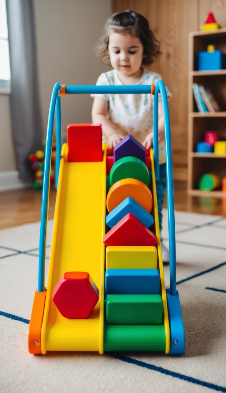 Brightly colored RollAgain Sorter with various shapes and sizes rolling down the ramp, captivating 2-year-olds with its open-ended play possibilities