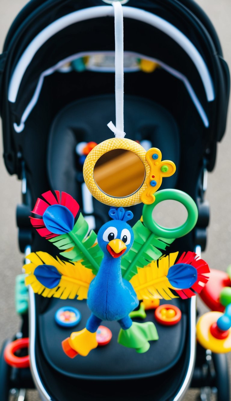 A colorful peacock toy with crinkly feathers and a mirror hangs from a stroller, surrounded by other open-ended toys for 2-year-olds