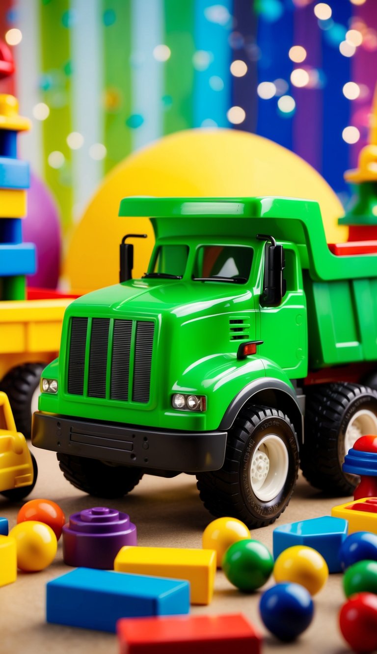A bright green dump truck surrounded by various open-ended toys, set against a colorful and playful backdrop