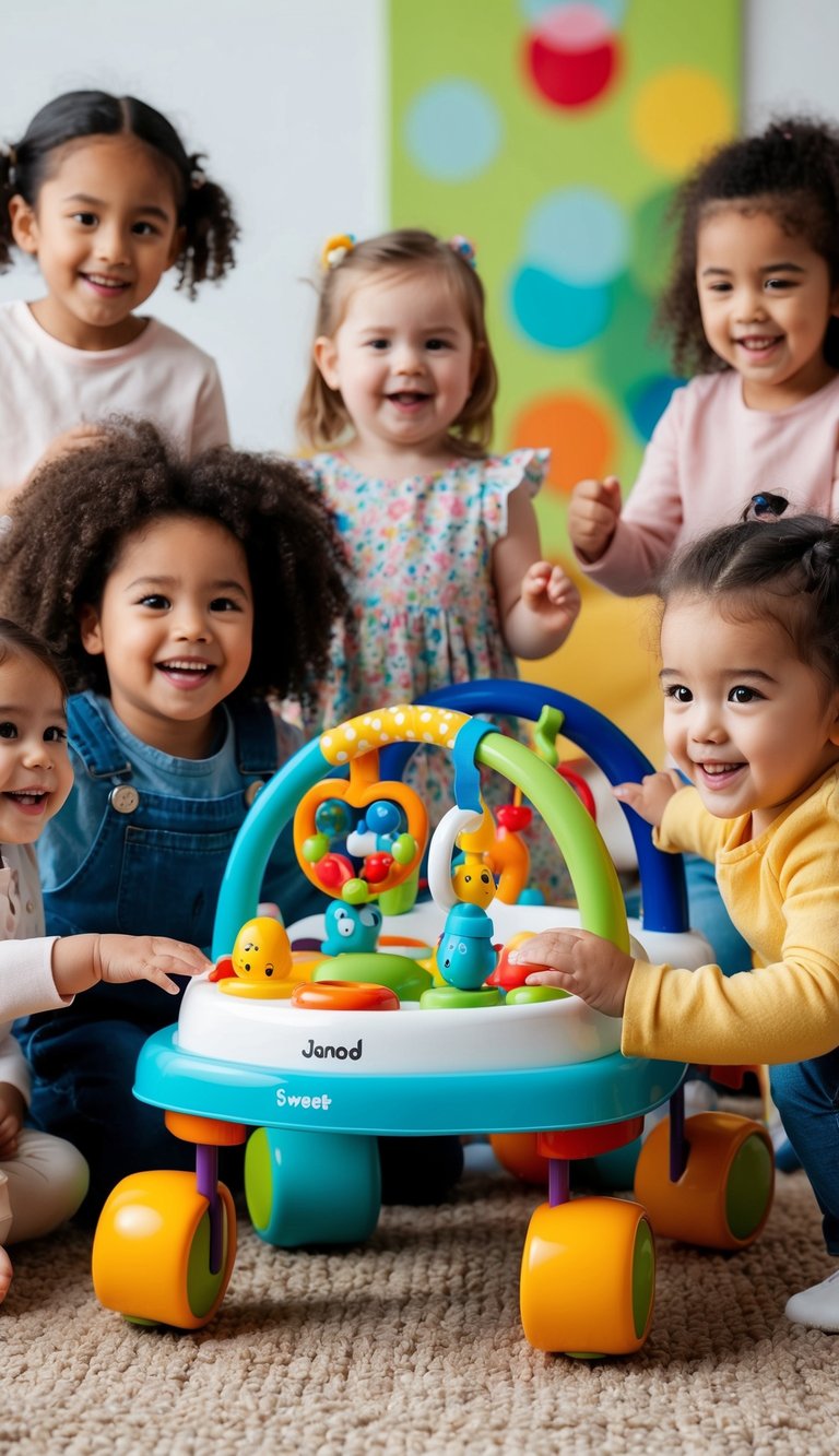 A colorful Janod Sweet Cocoon Walker filled with open-ended toys for 2-year-olds, surrounded by playful, happy children