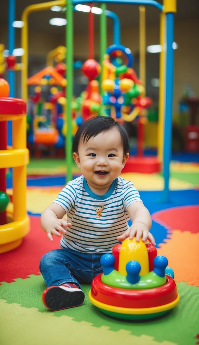 A colorful activity center with various interactive toys for 2-year-olds